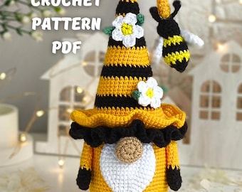 Crochet Gnome Bee Pattern, Amigurumi Garden gnome pattern, Crochet gnome pattern with crochet flowers