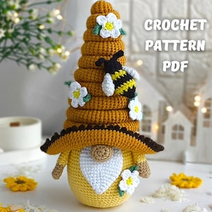Crochet Gnome Bee Hive Pattern, Amigurumi Garden gnome pattern, Crochet gnome pattern with crochet flowers