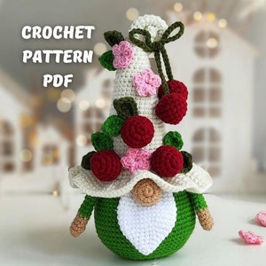 Cherry Gnome Crochet pattern amigurumi, Garden crochet summer gnome pattern food, crochet play food