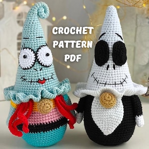 May include: Two crocheted figures, one blue with large eyes and a red mouth, the other black and white with a skull face. The figures are holding hands. The text "CROCHET PATTERN PDF" is visible.