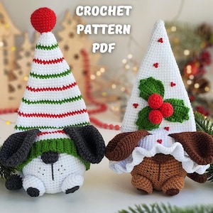 Crochet Christmas dogs gnome pattern, Amigurumi gnome Christmas toy English PDF, holiday gnome decor