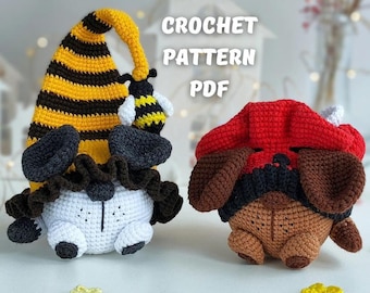 Crochet Dog gnome with Ladybug and Bee pattern, Gnome amigurumi pattern, crochet summer garden gnome pattern