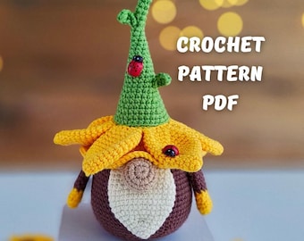 Gnome Sunflower Crochet pattern, Spring garden Flower English PDF tutorial, Garden gnome, Flower gnome