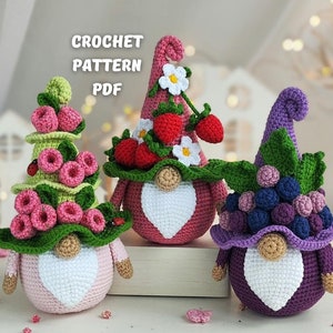 Crochet patterns Bundle Grape gnome, Strawberry gnome amigurumi with flowers, Raspberry gnome garden