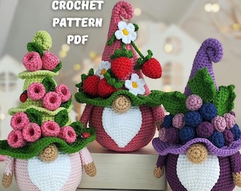 Berry Gnome Crochet Pattern Bundle PDF, Strawberry Gnome, Grape Gnome, Raspberry Gnome, Summer Garden Decor