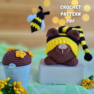 Crochet pattern Bear gnome with Bee crochet, crochet amigurumi Bee pattern, Spring garden gnome PDF tutorial, Holiday gnome