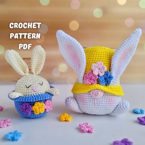 Crochet patterns Flower Bunny gnome in a hat, Crochet Easter gnomes pattern, Amigurumi bunny gnome pattern, Crochet gnome decor
