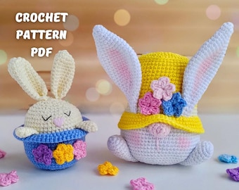 Crochet patterns Flower Bunny gnome in a hat, Crochet Easter gnomes pattern, Amigurumi bunny gnome pattern, Crochet gnome decor