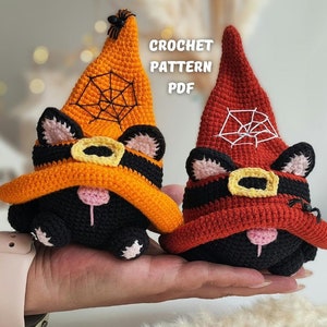 Crochet Halloween cats gnome pattern, Amigurumi gnome halloween toy English PDF, holiday gnome decor