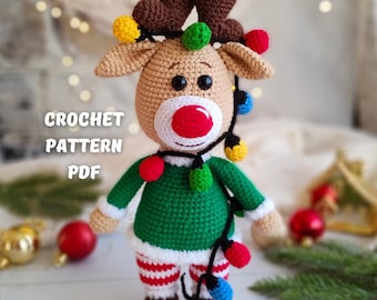 Modèle au crochet renne de Noël Rudolf, peluche cerf Amigurumi joyeux Noël, fichier pdf anglais