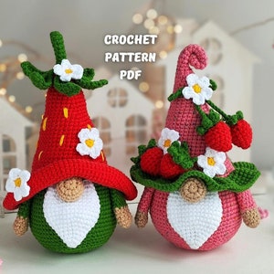 Crochet patterns Bundle Strawberries gnomes amigurumi with flowers, Strawberry gnome garden pattern food, crochet play food