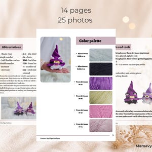 May include: A crochet pattern book with 14 pages and 25 photos. The pages display a color palette, abbreviations, and tools needed. The book features a gnome toy with a purple hat and white beard. The text "MamavyazCrochet" is visible.