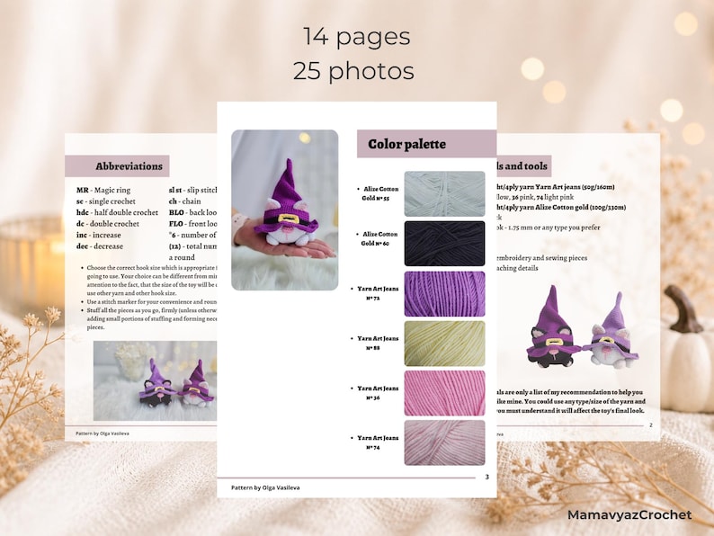 May include: A crochet pattern book with 14 pages and 25 photos. The pages display a color palette, abbreviations, and tools needed. The book features a gnome toy with a purple hat and white beard. The text "MamavyazCrochet" is visible.