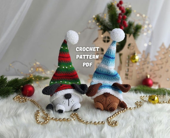Crochet Christmas dogs gnome pattern, Amigurumi gnome Christmas toy English PDF, holiday gnome decor