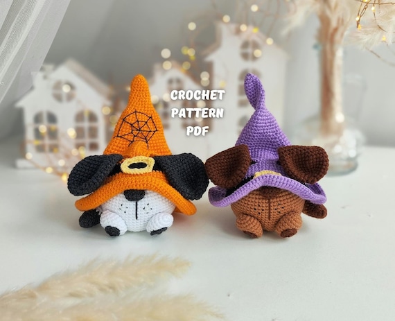 Crochet Halloween dog gnome pattern, Amigurumi gnome halloween toy English PDF, holiday gnome decor