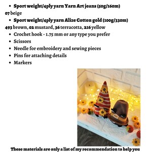 May include: Image of a list of materials and tools for crafting, including yarn, a crochet hook, scissors, needles, pins, and markers. The image also shows two crocheted gnome figures with hats.