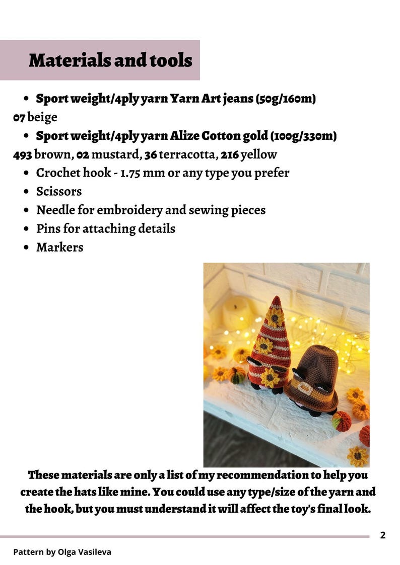 May include: Image of a list of materials and tools for crafting, including yarn, a crochet hook, scissors, needles, pins, and markers. The image also shows two crocheted gnome figures with hats.