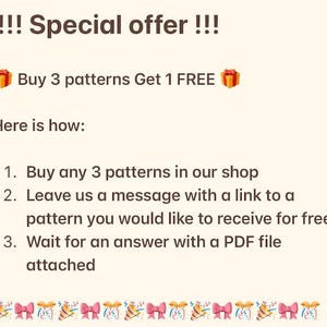 May include: A special offer for buying patterns: Buy 3 patterns and get 1 free.  Instructions are provided for how to redeem the offer.  The offer is illustrated with a gift box icon.