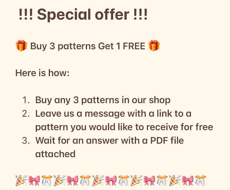 May include: A special offer for buying patterns: Buy 3 patterns and get 1 free.  Instructions are provided for how to redeem the offer.  The offer is illustrated with a gift box icon.