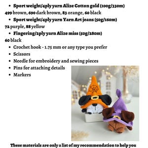 May include: Two crocheted Halloween dog toys. One is orange with a black witch hat and the other is purple with a brown witch hat. The toys are sitting on a white surface.