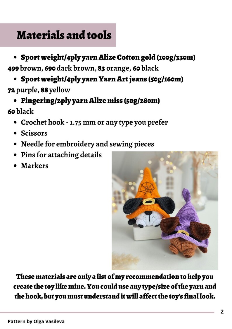 May include: Two crocheted Halloween dog toys. One is orange with a black witch hat and the other is purple with a brown witch hat. The toys are sitting on a white surface.