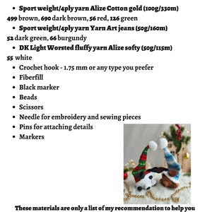 May include: Materials and tools needed to create a crocheted toy, including yarn in various colors, a crochet hook, fiberfill, beads, scissors, a needle, pins, and markers. The image also shows two crocheted toys wearing Santa hats.