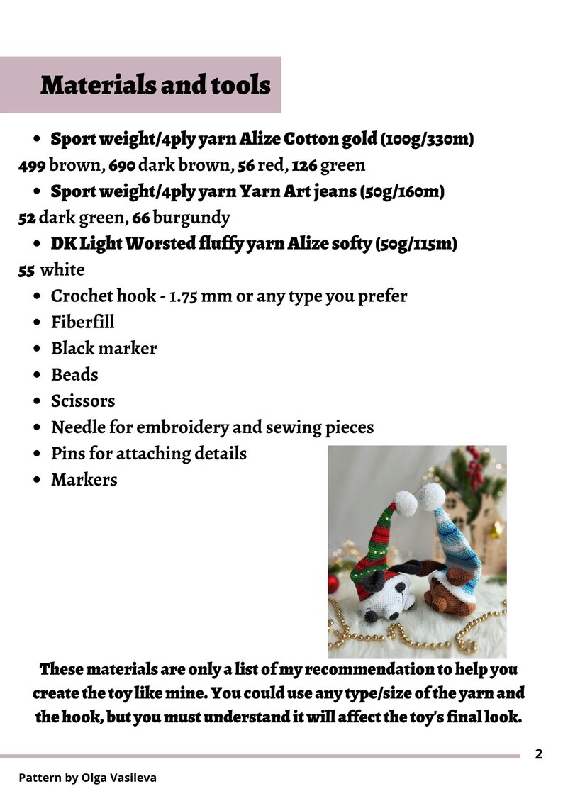 May include: Materials and tools needed to create a crocheted toy, including yarn in various colors, a crochet hook, fiberfill, beads, scissors, a needle, pins, and markers. The image also shows two crocheted toys wearing Santa hats.