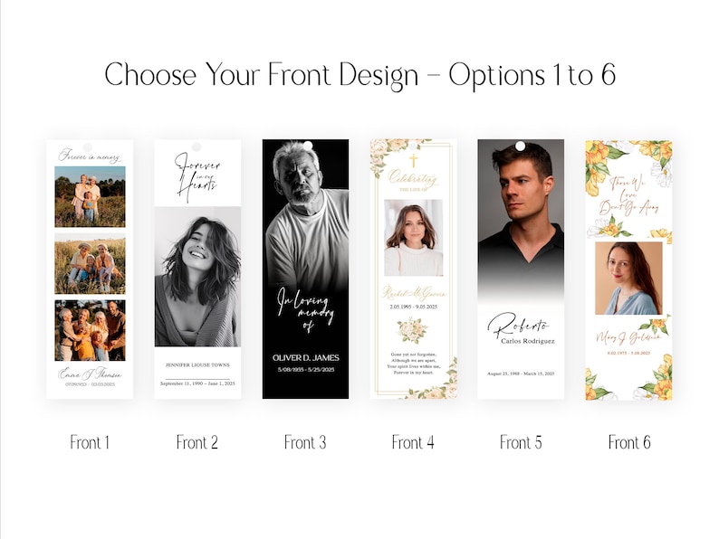 Pode incluir: Imagem mostrando seis designs de marcadores comemorativos. Cada design apresenta uma fotografia e texto, com op&ccedil;&otilde;es incluindo fotos de fam&iacute;lia, retratos e detalhes florais. O texto inclui frases como "Para sempre na mem&oacute;ria" e nomes com datas.