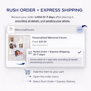 Pode incluir: Captura de tela de uma p&aacute;gina de produto Memorial Favors com o texto "RUSH ORDER + EXPRESS SHIPPING". A p&aacute;gina mostra uma lembran&ccedil;a memorial personalizada, com uma foto e texto. A p&aacute;gina tamb&eacute;m mostra a op&ccedil;&atilde;o de pedido urgente e envio expresso.