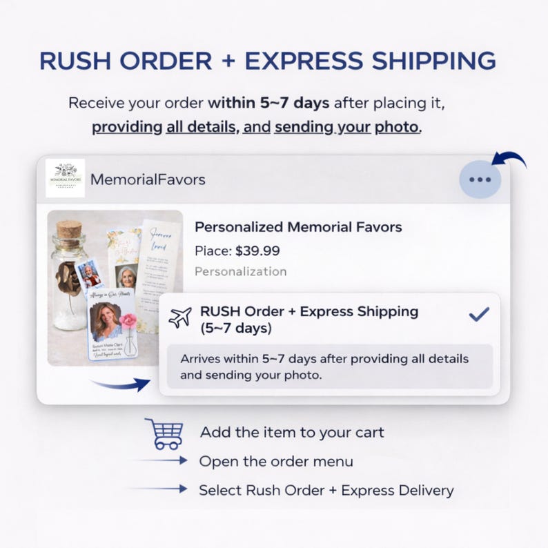 Pode incluir: Captura de tela de uma p&aacute;gina de produto Memorial Favors com o texto "RUSH ORDER + EXPRESS SHIPPING". A p&aacute;gina mostra uma lembran&ccedil;a memorial personalizada, com uma foto e texto. A p&aacute;gina tamb&eacute;m mostra a op&ccedil;&atilde;o de pedido urgente e envio expresso.