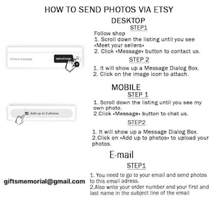 Pode incluir: Um gr&aacute;fico branco com instru&ccedil;&otilde;es sobre como enviar fotos via Etsy. O texto inclui etapas para os m&eacute;todos de desktop, celular e e-mail, com um endere&ccedil;o do Gmail fornecido. H&aacute; tamb&eacute;m imagens da interface do Etsy.