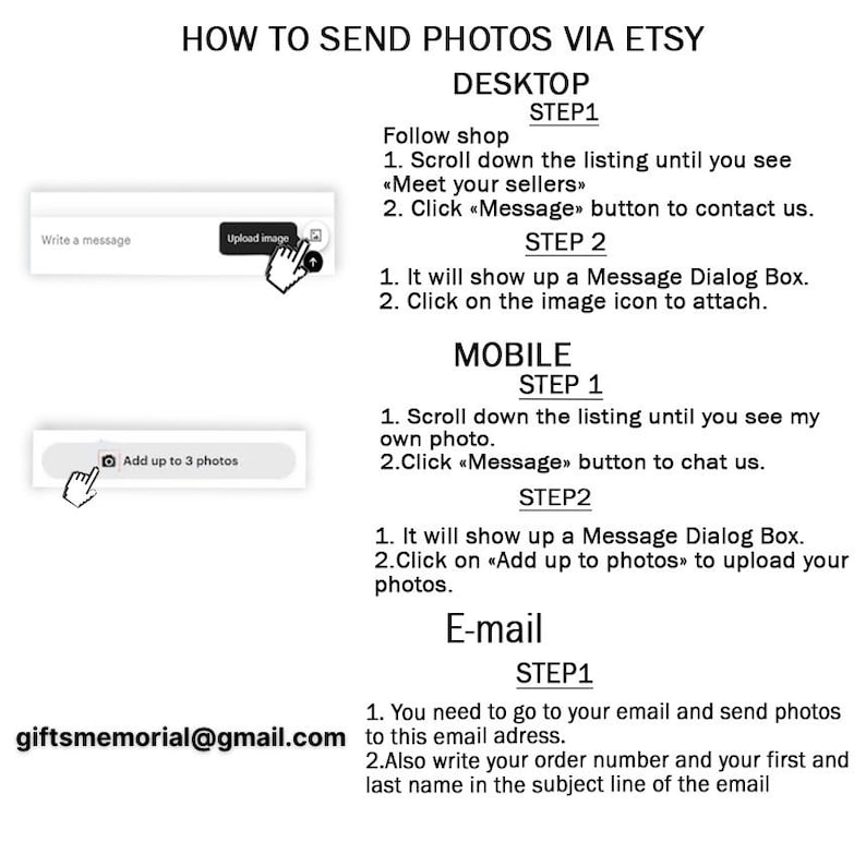 Pode incluir: Um gr&aacute;fico branco com instru&ccedil;&otilde;es sobre como enviar fotos via Etsy. O texto inclui etapas para os m&eacute;todos de desktop, celular e e-mail, com um endere&ccedil;o do Gmail fornecido. H&aacute; tamb&eacute;m imagens da interface do Etsy.