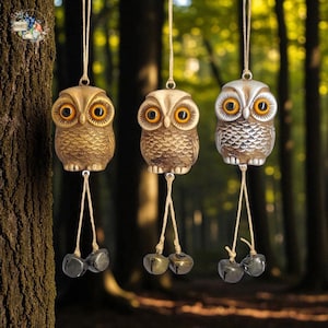 owl figurine - Decorative Owl Garden Bird Repellent with Bells – Outdoor Yard Deterrent in 3 Colors, Unique Wildlife Scarecrow Ornament