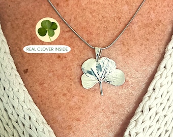 Four-Leaf Clover necklace – .999 Fine Silver plated – Contains a real clover