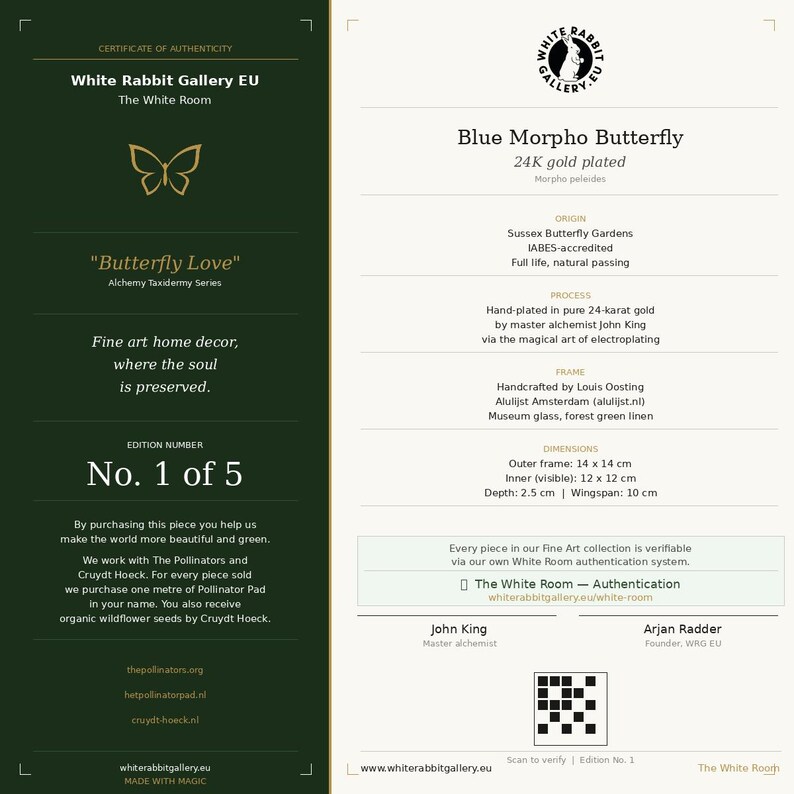 May include: A White Rabbit Gallery EU certificate of authenticity for a 24K gold plated Blue Morpho Butterfly. The document features a dark green left panel and a cream right panel with text details, dimensions of 14x14 cm, and a QR code.