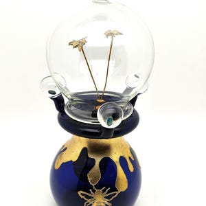 24K Gold Honeybee Bell Jar: Botanical Art Sculpture, Hand Blown Glass Beehive Decor