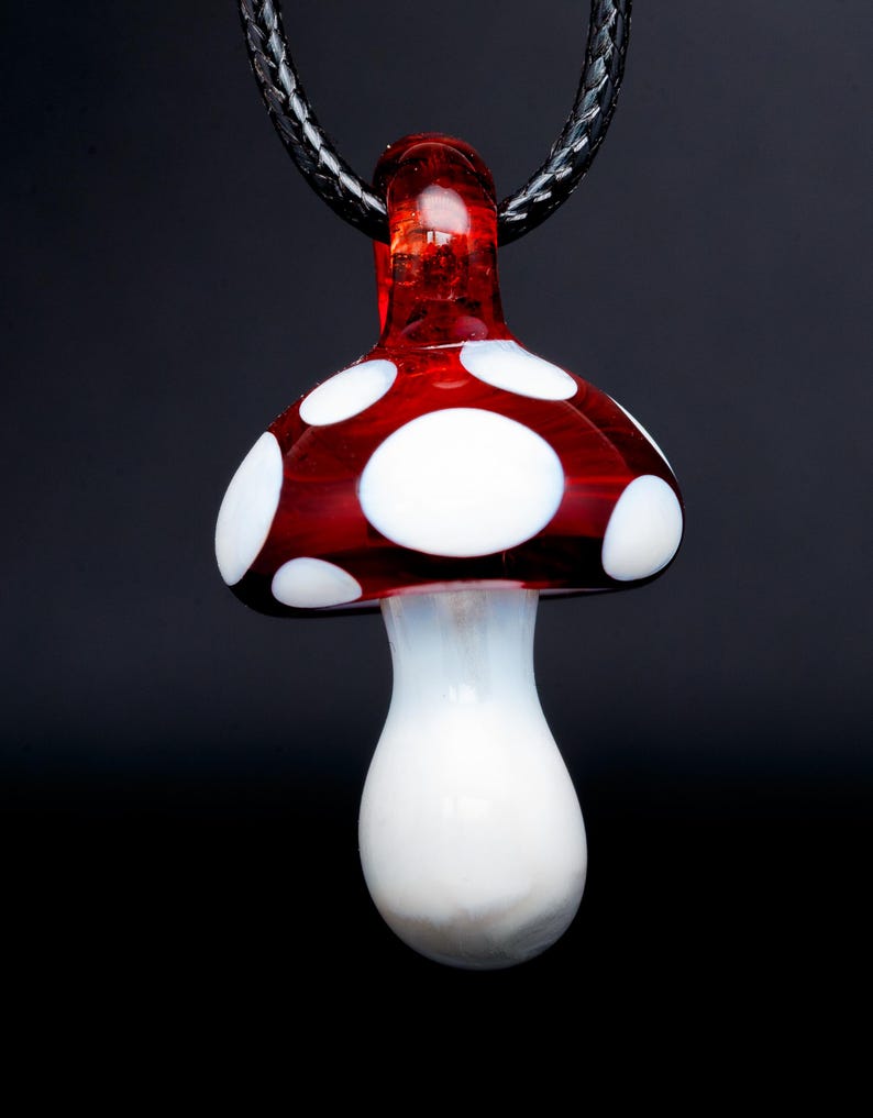 Glass mushroom pendant red and white close up