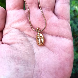 May include: A gold-colored pendant necklace with a textured, organic-shaped charm. The charm is suspended from a thin, gold chain. The necklace is displayed against a skin-toned background, with a blurred green backdrop.
