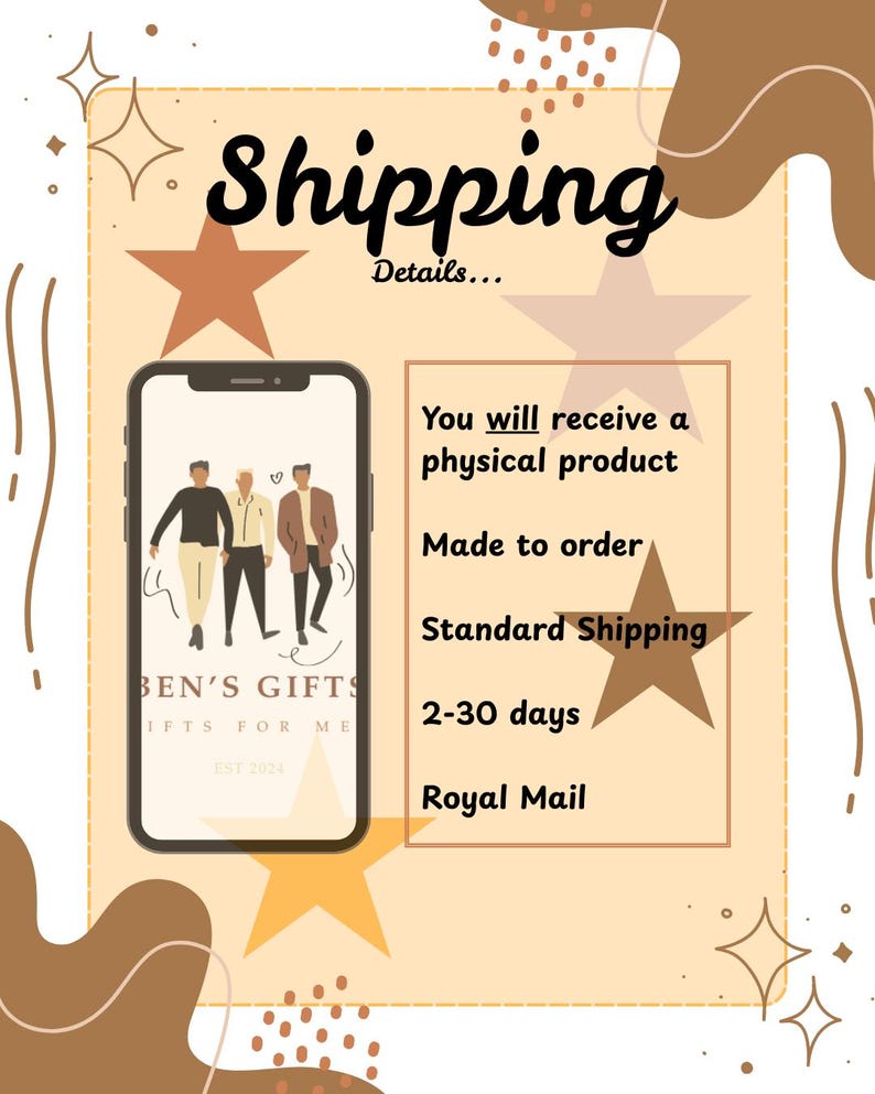 Może przedstawiać: Beżowa grafika ze słowem "Shipping" w stylizowanej czcionce. Obraz zawiera smartfon wyświetlający logo i tekst "Otrzymasz produkt fizyczny, Wykonane na zam&oacute;wienie, Wysyłka standardowa, 2-30 dni, Royal Mail."
