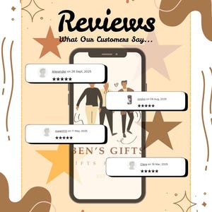Może przedstawiać: Grafika promocyjna ze słowem "Reviews" w stylizowanej czcionce. Obrazek przedstawia smartfon wyświetlający recenzje klient&oacute;w z ocenami gwiazdkami, a także obecny jest tekst "What Our Customers Say..."