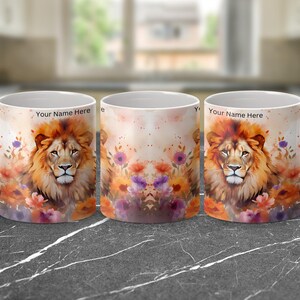 Personalized Floral Lion 11oz Mug, Colorful Coffee Cup, Wildlife Art, Unique Animal Lovers Mug, Lion and Flowers Gift, Artistic Lion Tea Cup
