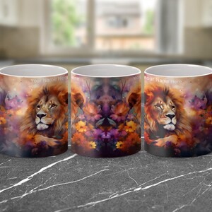Personalized Floral Lion Mug, Lion and Flowers Art, Colorful Lion Artwork, Animal Lover Gift, 11oz Unique Cup for Tea or Coffee, Watercolor