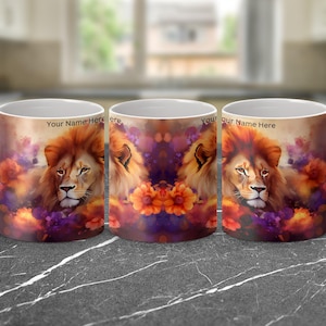 Personalized Floral Lion Mug, 11oz Watercolor Coffee Cup, Colorful Lion Gift, Unique Lion Design, Nature Inspired Tea Cup for Lion Lovers