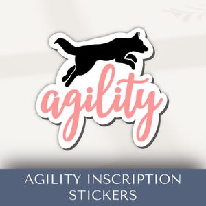 May include: Black silhouette of a dog jumping over an obstacle with the word "agility" written in pink cursive.