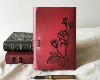 red leather journal, leather diary, leather notebook, vintage style paper, painted leather cover with roses