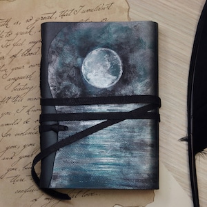 Blue moon leather journal - Gift for writer - romantic journal in dark blue leather and silver, unlined, romantic gift - Magic night