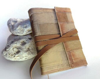 Gratitude Leather Journal with Beige Patchwork Cover, Brown Sketchbook or Scrapbook and Versatile Notebook, Scrap Book