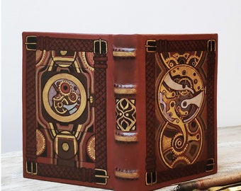 Watch pattern steampunk leather journal, handmade book, notebook in vintage style, blank paper, hand painted - The secret life of watches