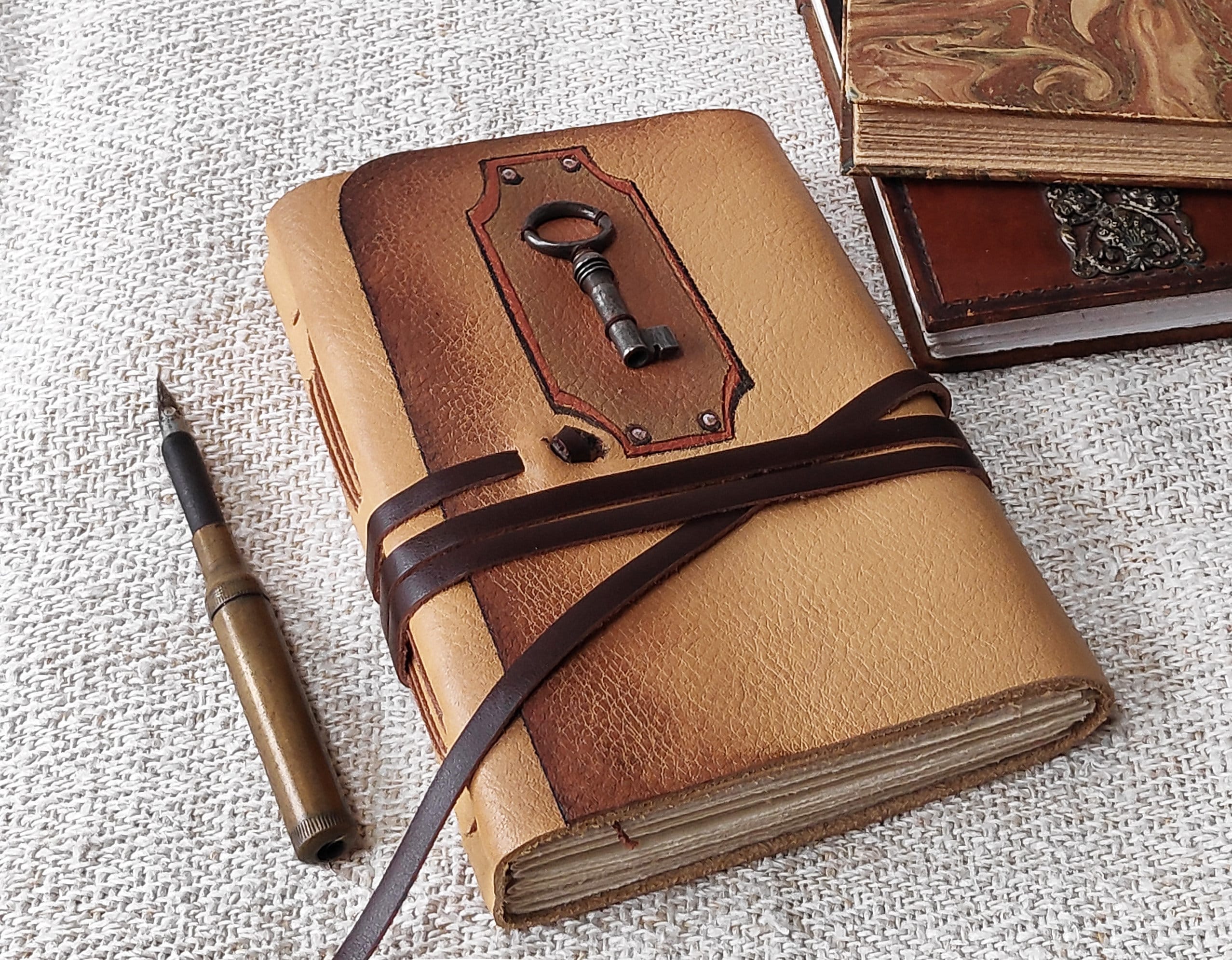 Leather Journal, Beige Leather Diary, Vintage Style Cover