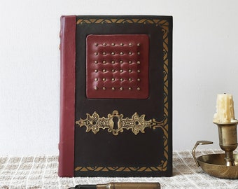 Victorian leather journal, brown and red blank book, vintage style leather cover, old notebook, sketchbook